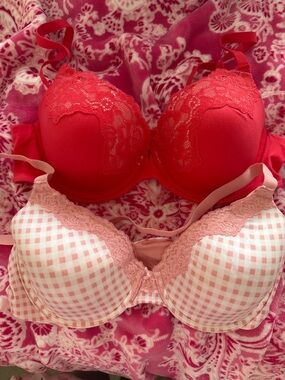 Red Lace Push-Up Bra and Pink Gingham Lace Bra - Women Intimates (38c)